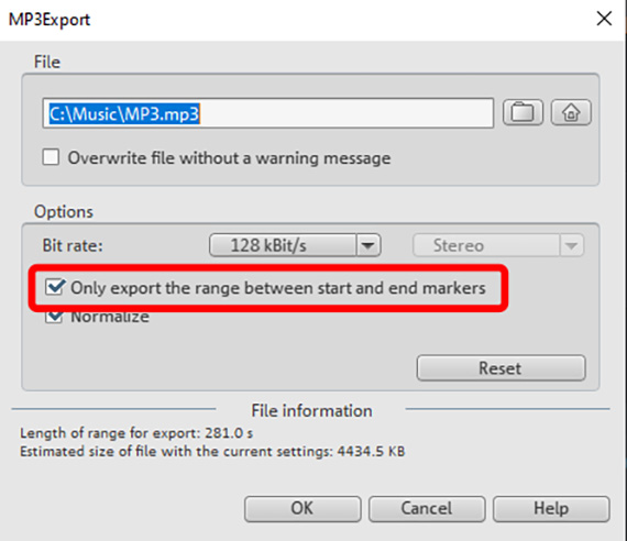 Area export in M3 export dialog Export MP3