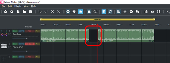 Remove passage from the middle of the WAV file Split the object with the "T" key and delete the middle part