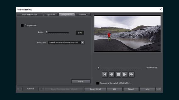 Compressor in "audio cleaning" dialog Editing audio in a video
