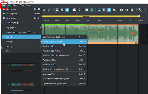 Export options in the file menu Formats for audio export in the File menu