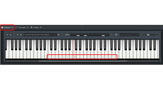 Keyboard shortcuts for the piano keys Activate on-screen keyboard by mouse click and play by keyboard shortcut