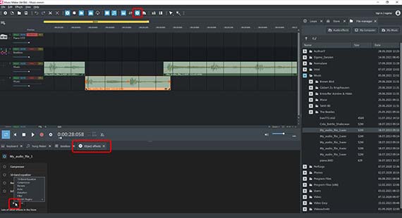 Object effects for individual audio objects apply effects to selected audio objects