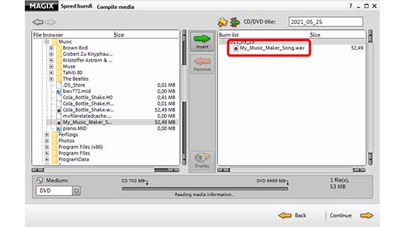 MAGIX Speed burnR – Music Maker's burning module Burning module with inserted Music Maker song