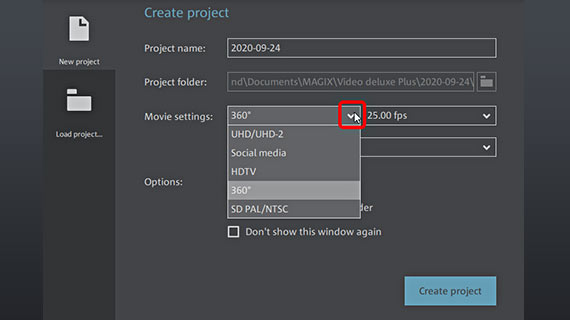 Start dialog with 360 degree video production options Create 360 degree video project in start dialog