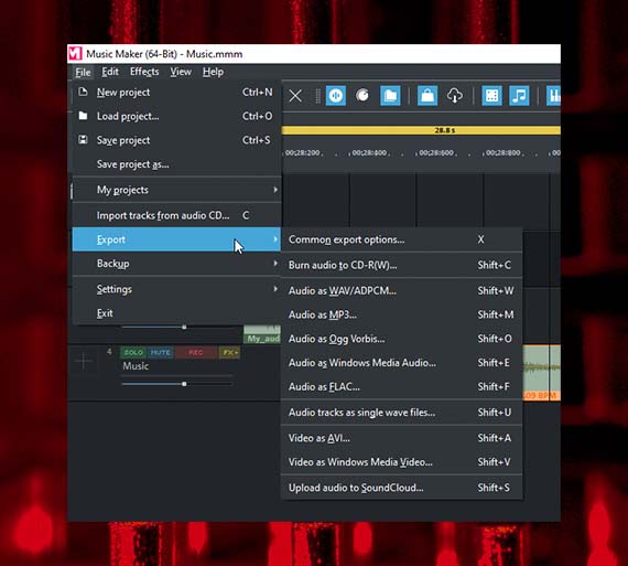 Exporting a section as a WAV file Export the playback area as a WAV file via the file menu