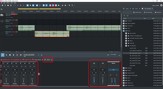 Mixer with effects, volume faders & pan controls Mixer with track effects and master effects
