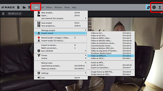 Exporting a video with subtitles, burning it to disc, uploading it or transferring it Export to file / burn to disc / upload / transfer to smartphone