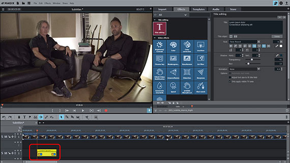 Inserted subtitle template Subtitle and "Title editing" dialog