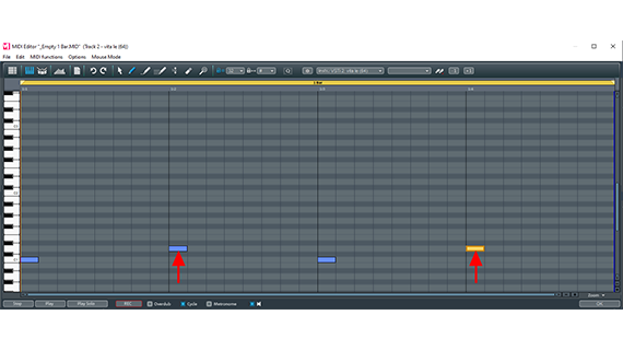 Sound example 2: "Boom, tack, boom, tack." Move notes in the MIDI editor to the position of the snare